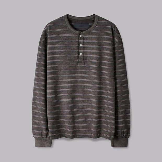 코너블레스 워시드 스트라이프 브라운 헨리넥 롱슬리브