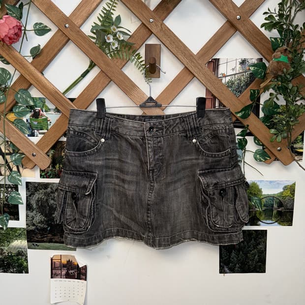 Black denim double pocket cargo skirt