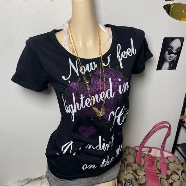 Chami 갸루 글리터 레터링 반팔 탑