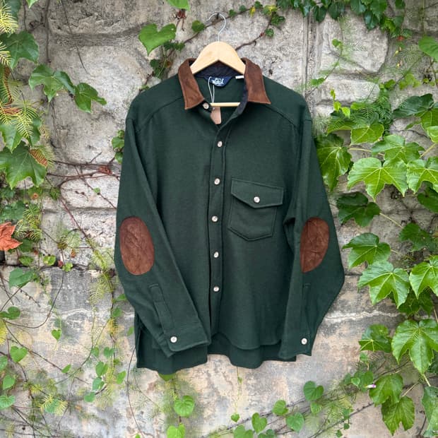 80s woolrich 가죽 카라 플란넬 셔츠 자켓 울리치 셔츠
