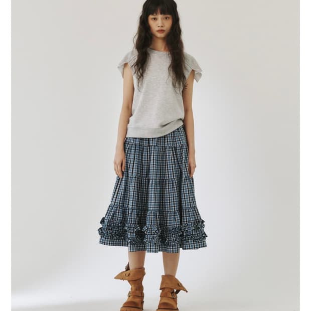 플리즈프로젝트) Middle Frill Skirt Blue Check F