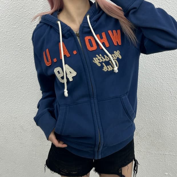 후아유 오렌지 패치 블루 후드집업 L