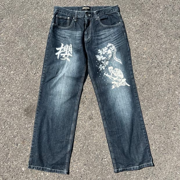 오리엔탈 스컬 페인팅 데님 팬츠