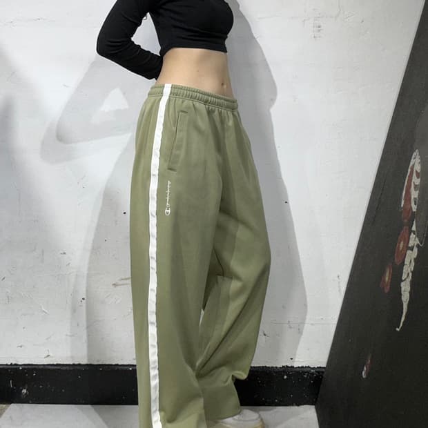 챔피온 카키 화이트 사이드 라인 와이드 추리닝 바지 트레이닝 팬츠 M