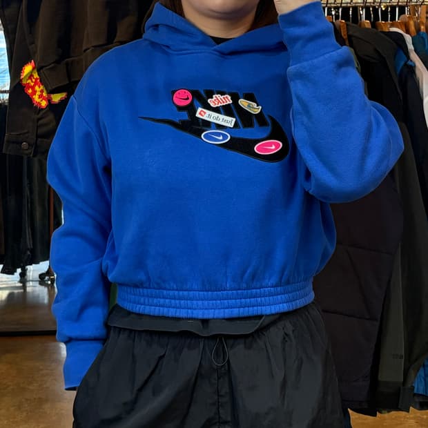 나이키 블루 빅로고 크롭 후드