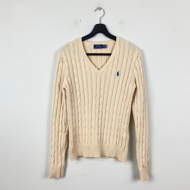 폴로 랄프로렌 아이보리 꽈배기 브이넥 니트 S
