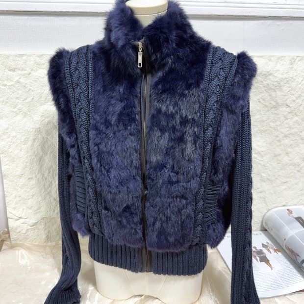 빈티지 네이비블루 꽈배기 토끼털니트자켓 가디건