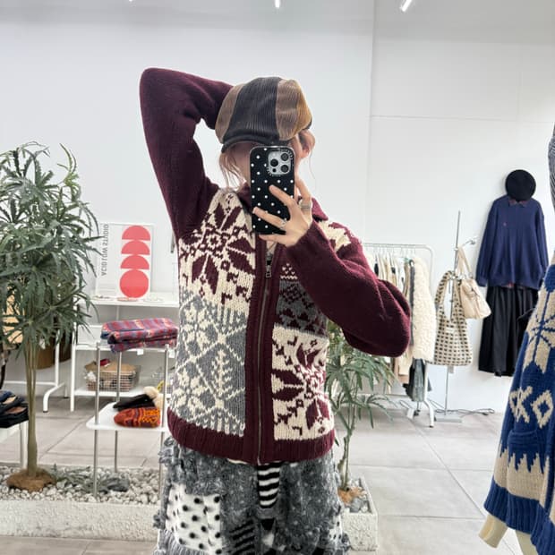 JPN chaps 울 혼방 버건디 노르딕 코위찬 니트집업