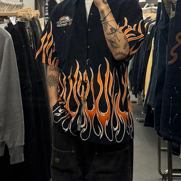 L) 할리데이비슨 빈티지 플레임 이글 자수 반팔 셔츠