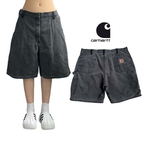 칼하트 OG 가죽패치 카펜터 덕캔버스 워크 반바지 블랙