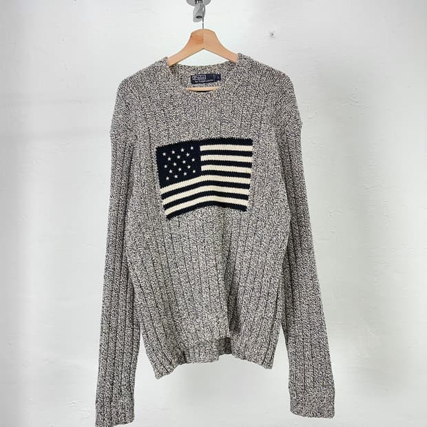 폴로 랄프로렌 블랙 앤 그레이 성조기 크루넥 니트 스웨터