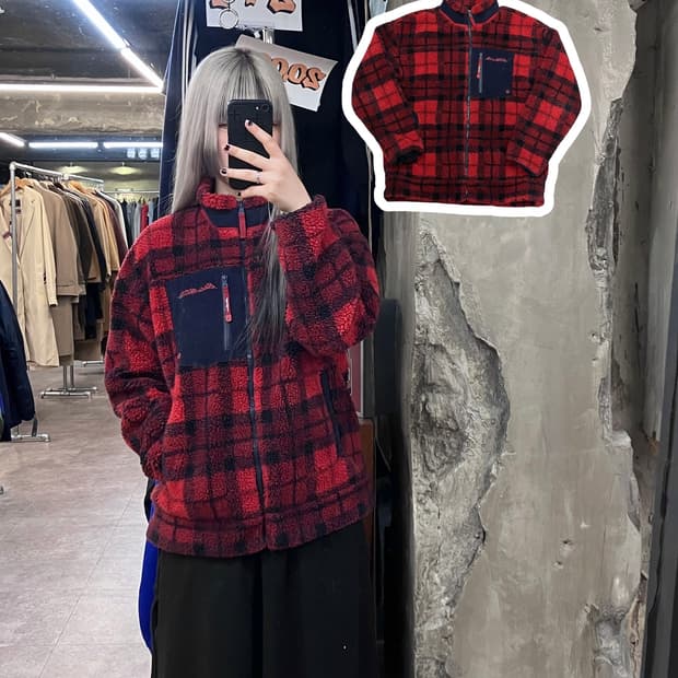 에디바우어 타탄 체크 플리스 자켓 레드 M  #csz3451