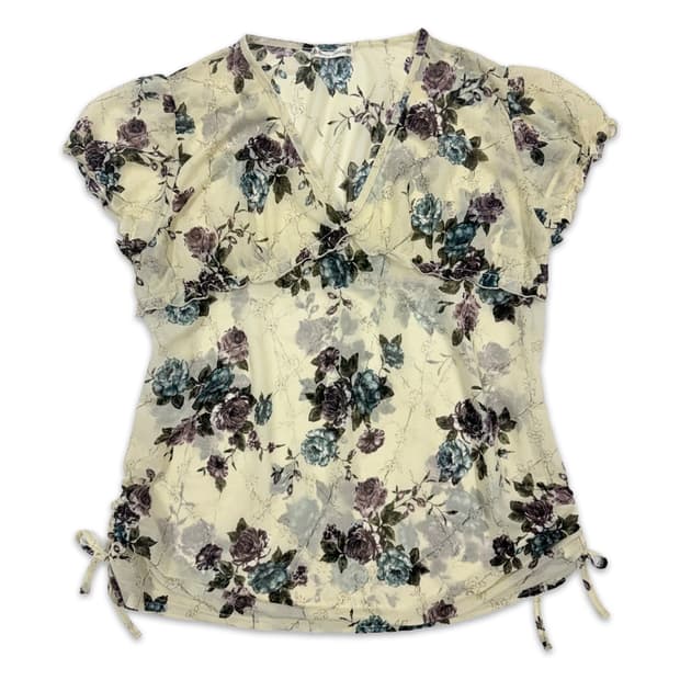 빈티지 Rosa Deco 아이보리 로즈 시스루 프릴 블라우스