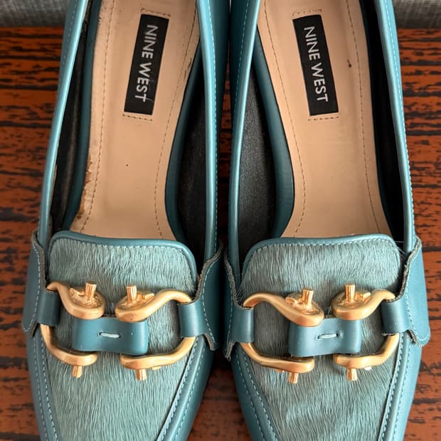 나인웨스트 펌프스 가죽 구두 미드힐 로퍼 230 굽높이 4cm 터키블루