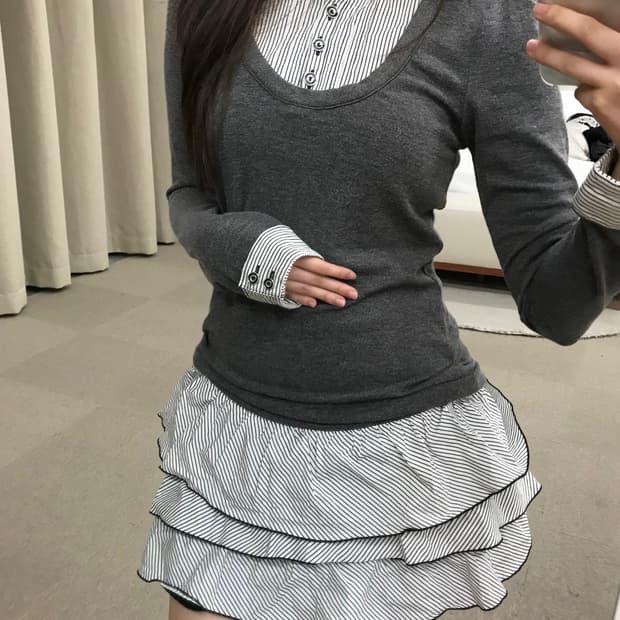 Gray ruffle-skirt shirt-collar dress
