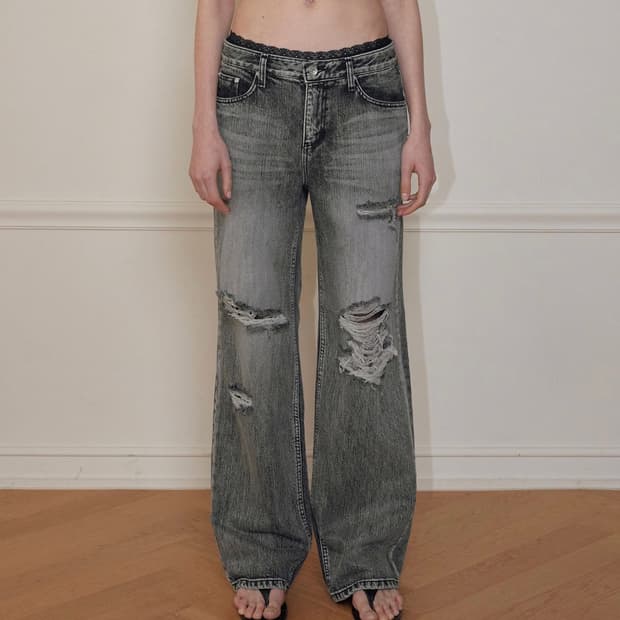 bohemseHIGHLIGHT DAMAGE WIDE PANTS, GRAY