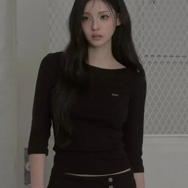 카키포인트 보트 넥 탑 긴팔티 티셔츠 블랙
