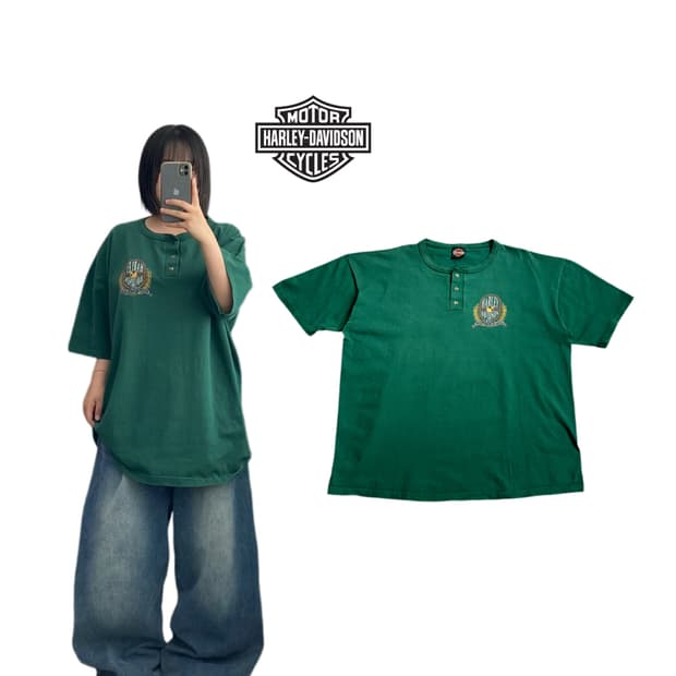 할리데이비슨 90s 헨리넥 반팔 티셔츠 그린