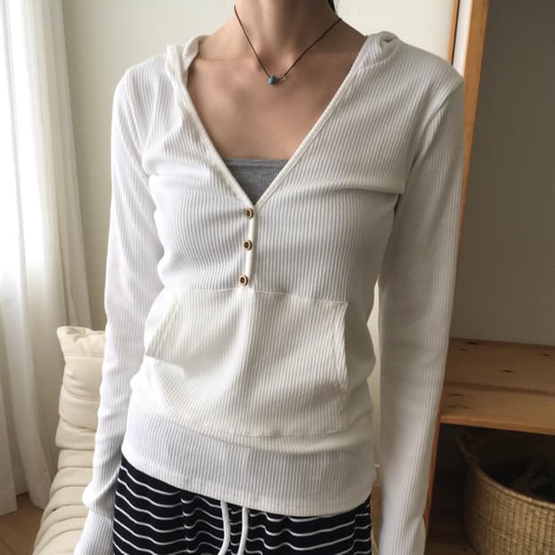 티벗 빈티지 버튼 브이넥 골지 후드 티셔츠 