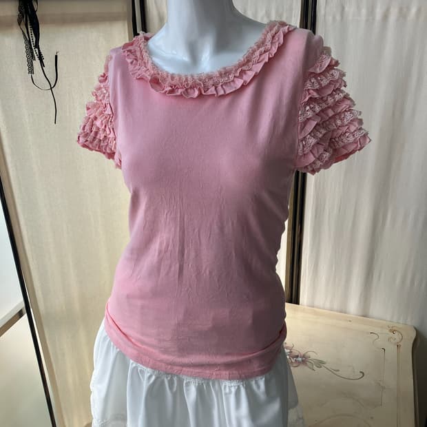 pink lace frill short sleeve