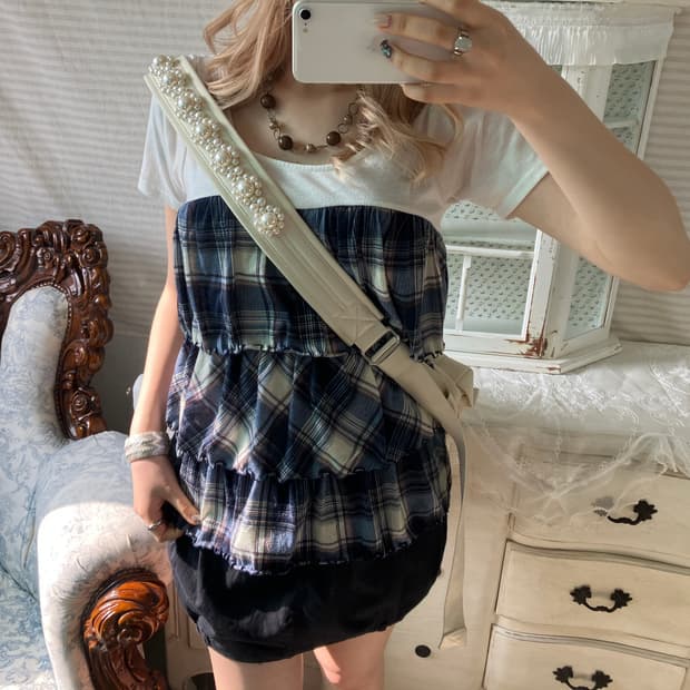 빈티지 블루 체크 캉캉 반팔 블라우스