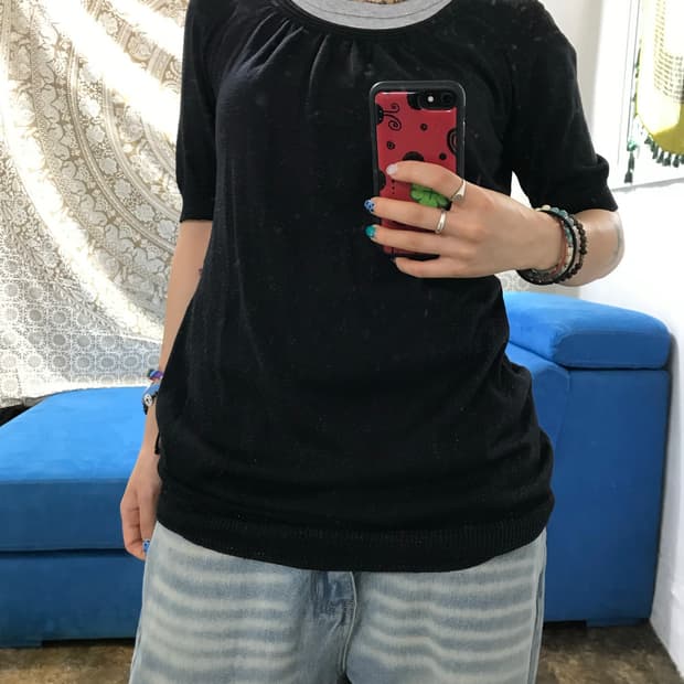 빈티지 여성 블랙 디테일 반팔 티 (Z1440)