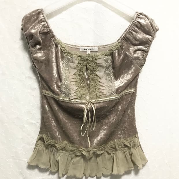 빈티지 페어리 핀터깔 레이스 벨벳 퍼프 탑