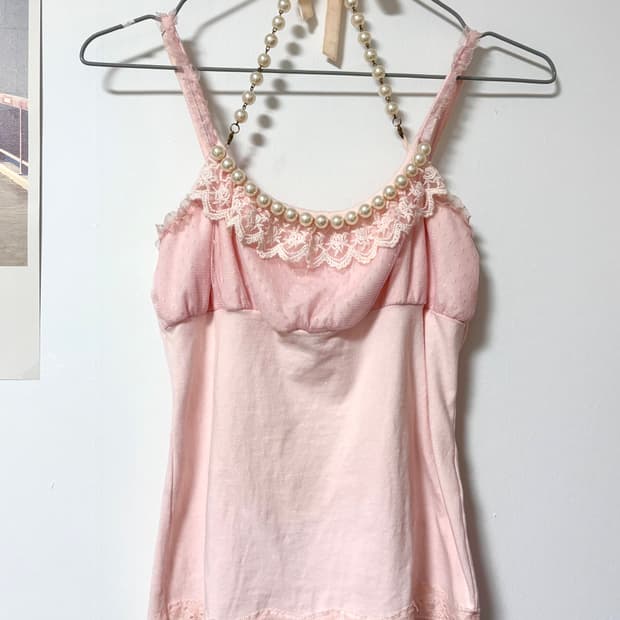 빈티지 트랄라라 히메갸루 진주챰 핑크 레이스 캐미솔