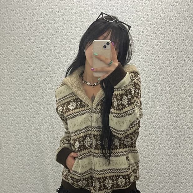 프레드페리 빈티지 노르딕 패턴 셰르파 양털 니트 후드집업 L C06644