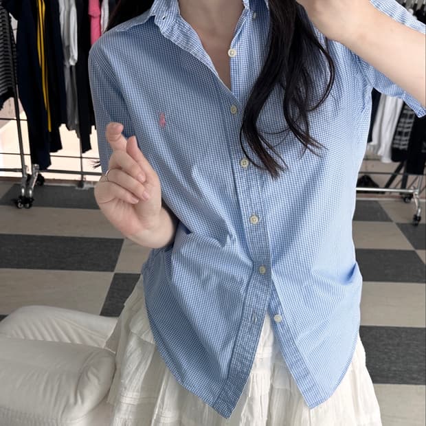 랄프로렌 핑크포니 스카이 체크 반팔 셔츠