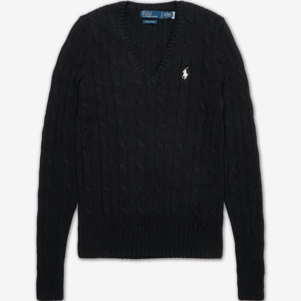 택o 새상품)폴로 랄프 로렌 케이블 니트 코튼 브이넥 스웨터 블랙