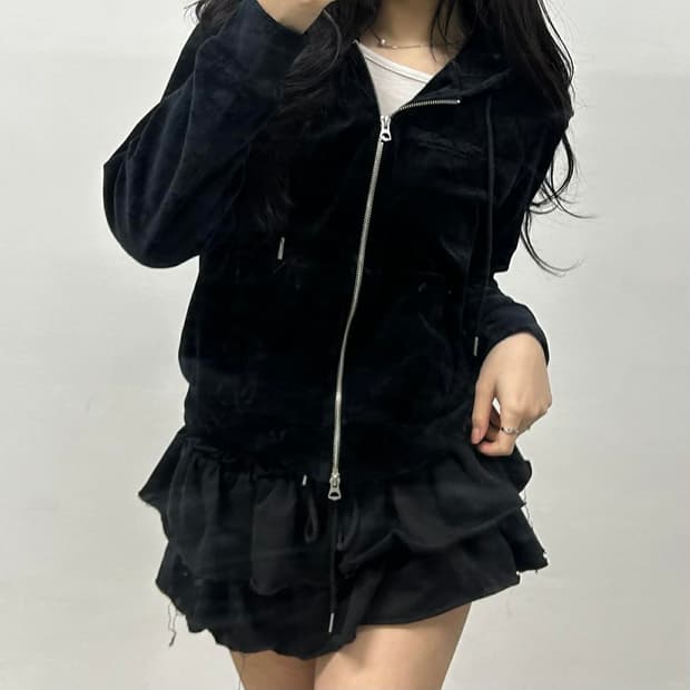 후아유 y2k 여리핏 벨루어 벨벳 걸즈 크롭 후드집업(M)