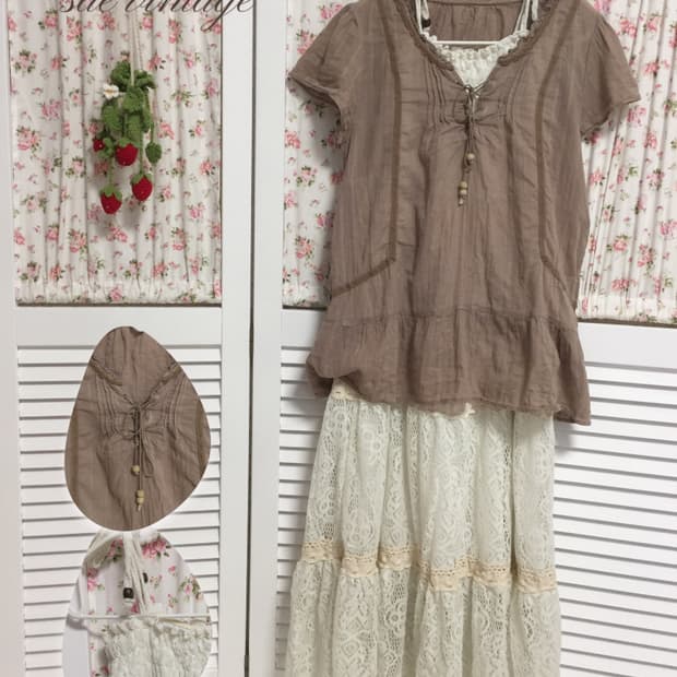 빈티지 모리걸 브라운 반팔 블라우스