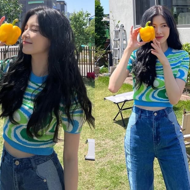 앤더슨벨 패턴 크롭 델라 자카드 반팔 니트 탑 XS