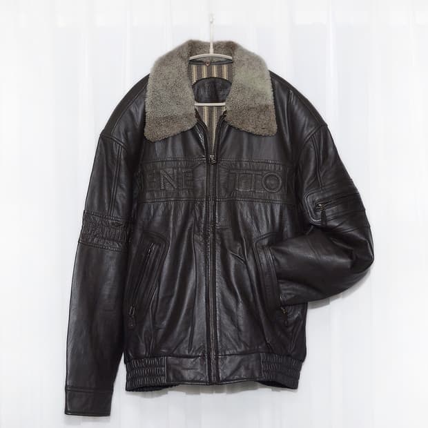 베네통 이태리 블루패밀리 레더 봄버 가죽 항공 자켓 (105+)