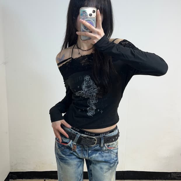 고딕 펑크 오프숄더 탑