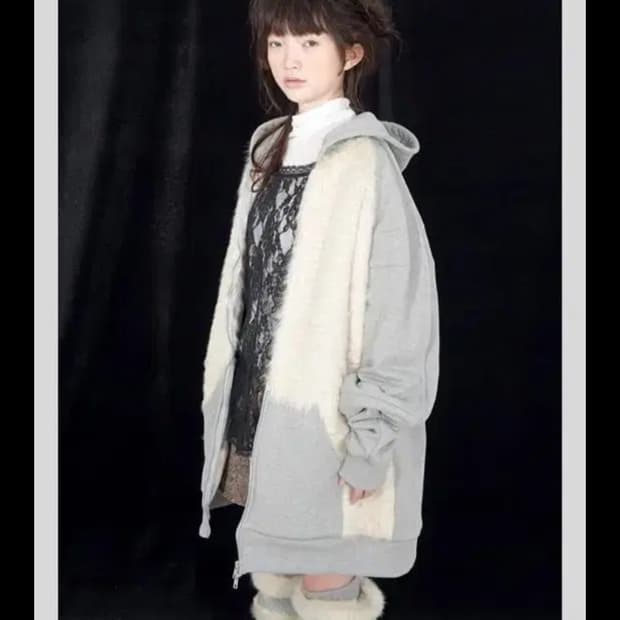 샵 페어리 fur patched maxi hoodie zip-up