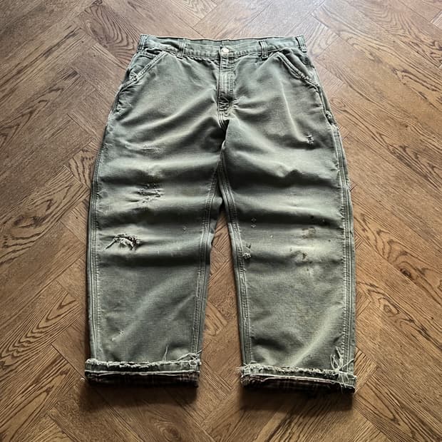 [36]칼하트 USA 체크라이닝 모스그린 데미지드 싱글니 워크팬츠 M12