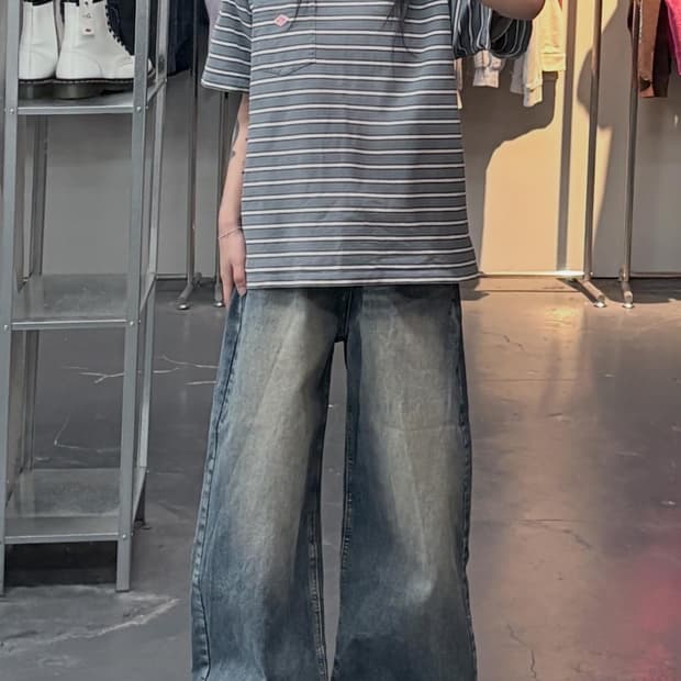 단톤 포켓 스트라이프 반팔 티셔츠 A3505