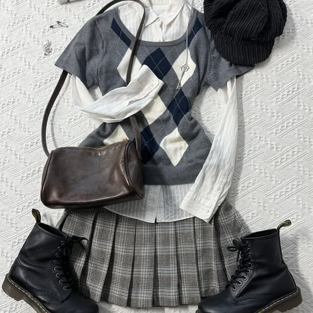 아가일 하프 슬리브 니트 셔츠 탑 2pcs SET