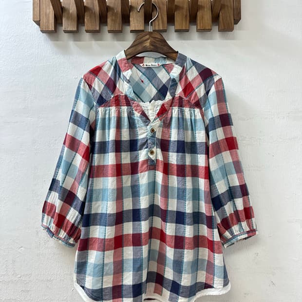 일본빈티지 코튼100 멀티 체크 셔링 디테일 7부 블라우스 티셔츠