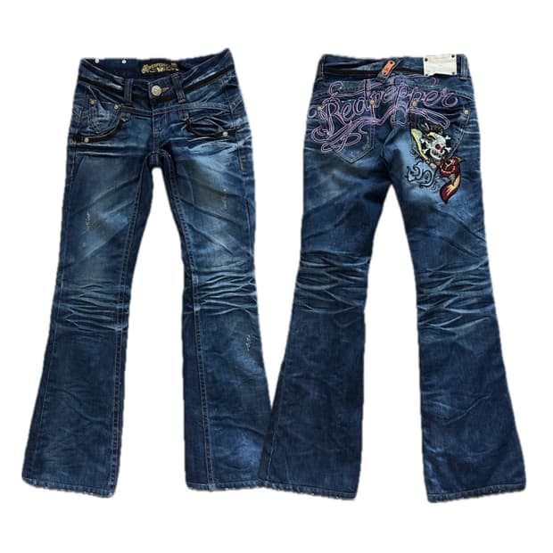 레드페퍼 해골 백패치 로우라이즈 부츠컷 데님팬츠 y2k 펑크