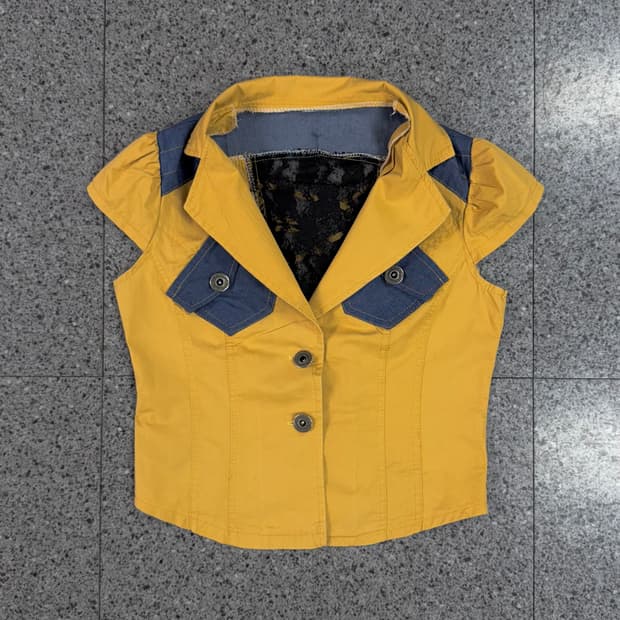 vintage yellow denim trim lace back vest