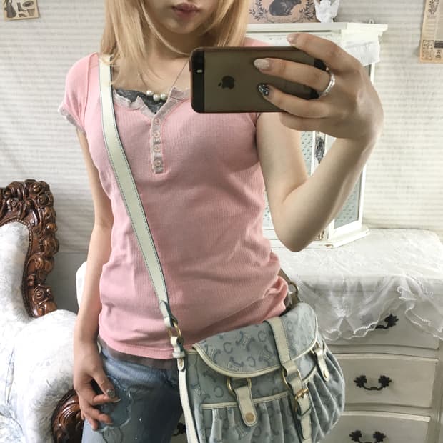 일본빈티지 히메 핑크 슬림 반팔 티셔츠