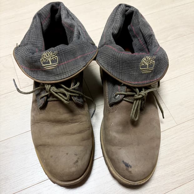 팀버랜드 롤탑 부츠 다크 브라운 & 헤링본 스트라이프 패턴