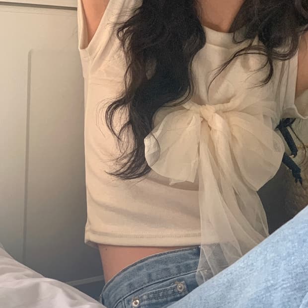 레이스 쉬폰 리본 반팔