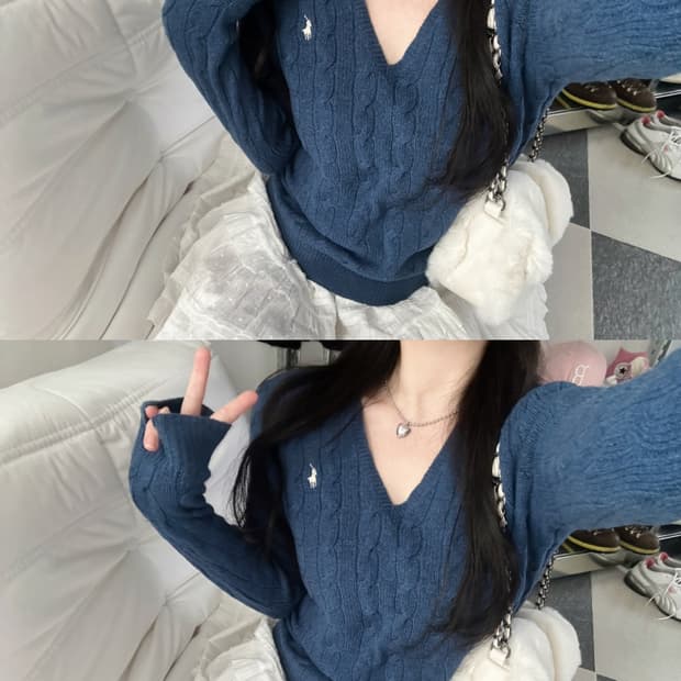 폴로 랄프로렌 뮤트블루 울 캐시미어 V넥 케이블 니트 