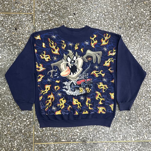 90s USA 태즈 플레임 핫로드 빈티지 스웻셔츠 XL