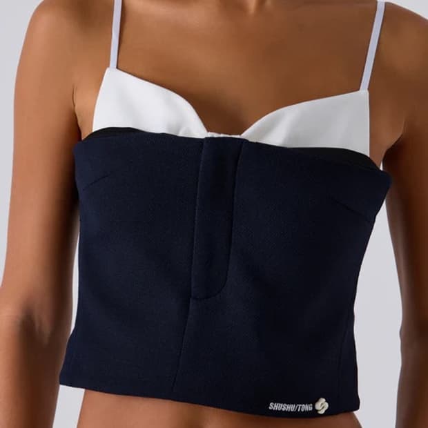 [6]슈슈통 Double Bow 레이어드 슬리브리스 탑/네이비