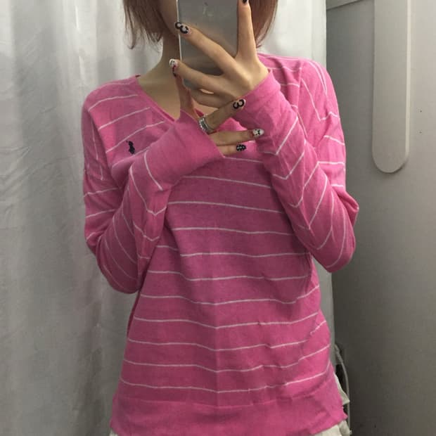 Polo 폴로랄프로렌 딸기우유 스트라이프 브이넥 니트